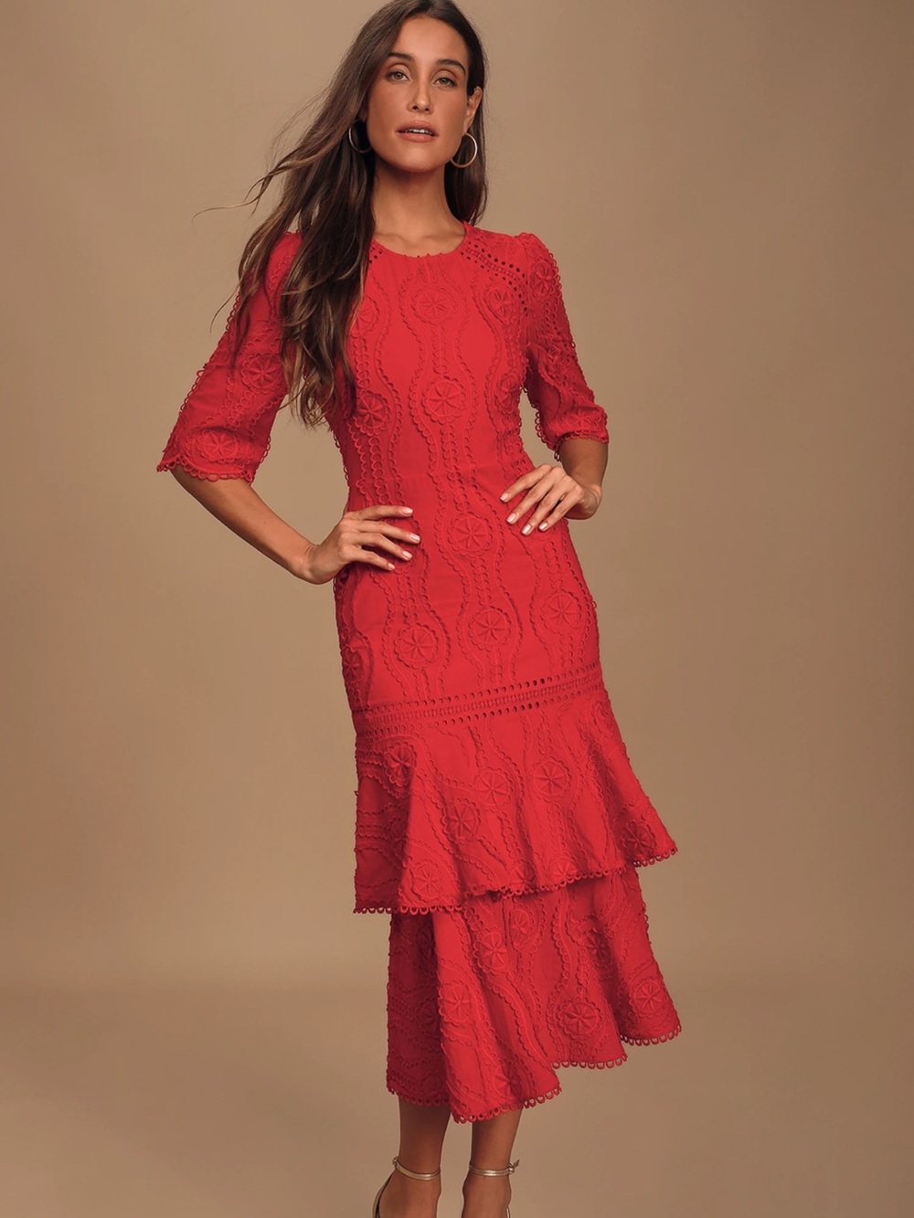 Lulu’s By The Vineyard Red Embroidered Lace Ruffle Midi Dress NWT Medium
